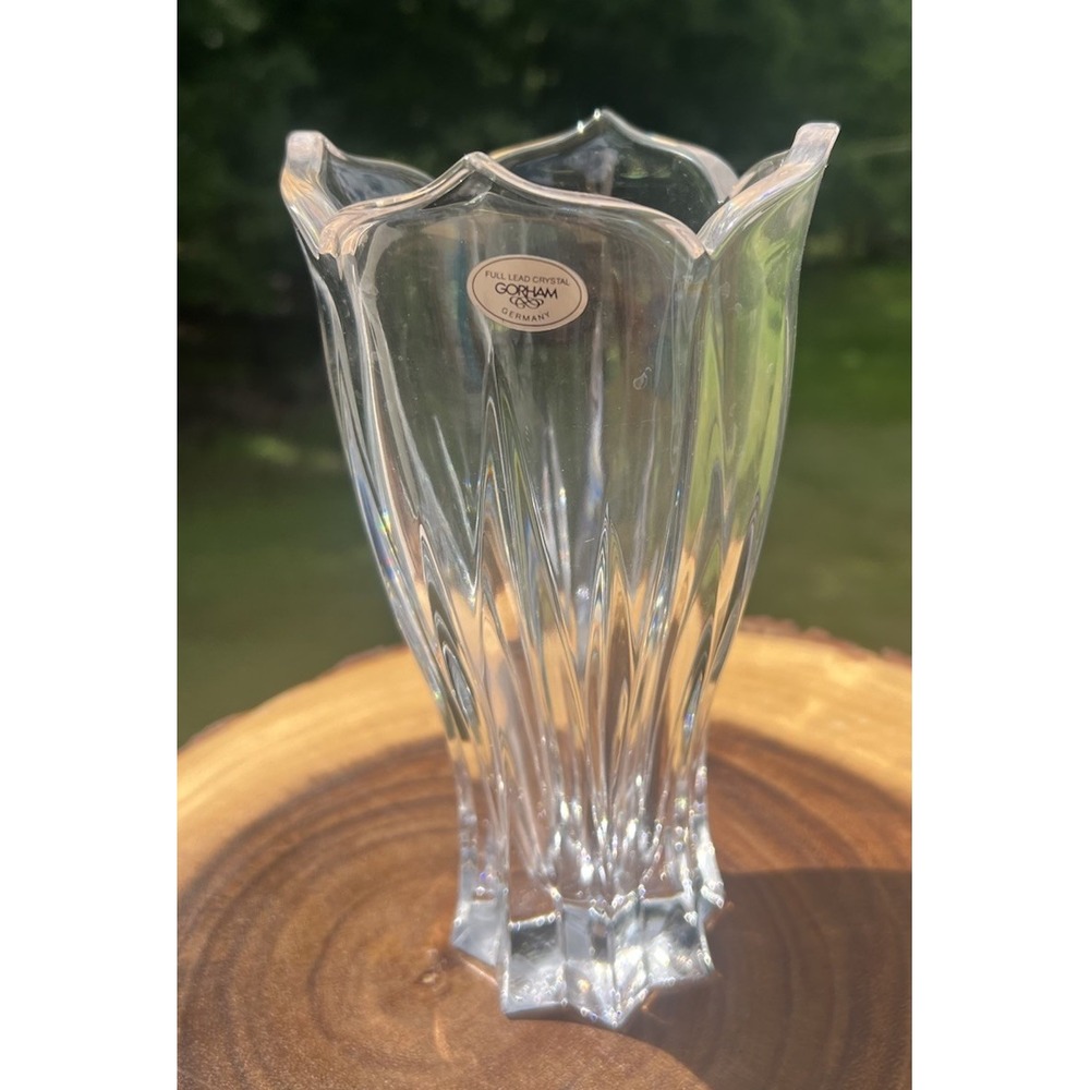 Gorham Lotus C606 Full Lead Crystal Vase 7.75" Germany Scalloped Flared Tulip